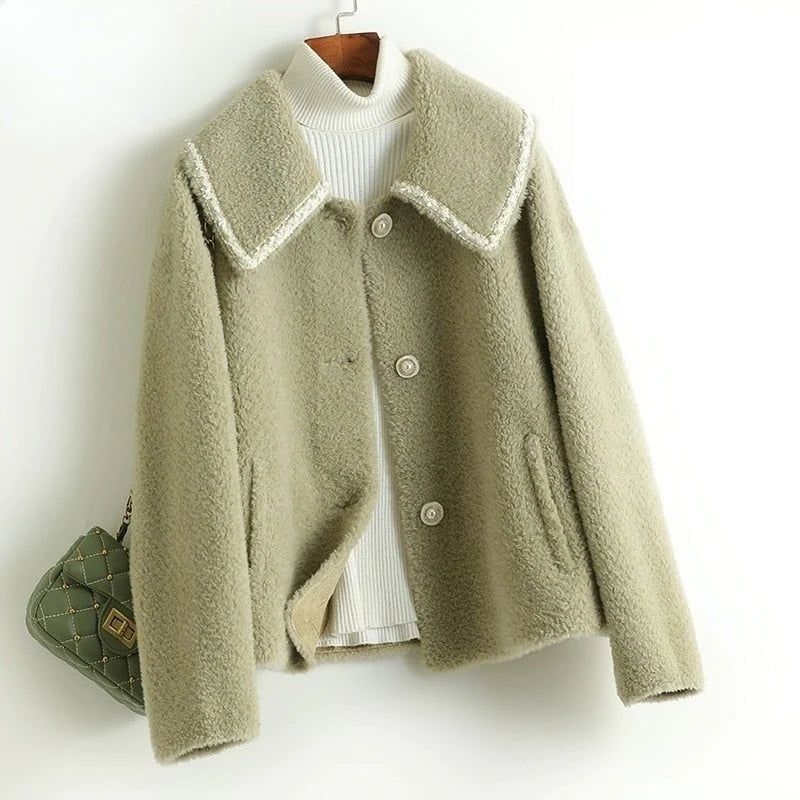 Women's Winter 100% Wool Fur Single Breasted Knitted Short Coats