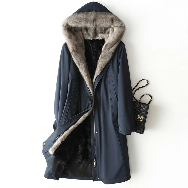 Women's knee - length wool blend coats with a fur collar for added warmthWomen's Winter Fashion Hooded Mink Liner Fur Mid-length Thick Warm Coats Women's knee - length wool blend coats with a fur collar for added warmthWomen's Winter Fashion Hooded Mink Liner Fur Mid-length Thick Warm Coats