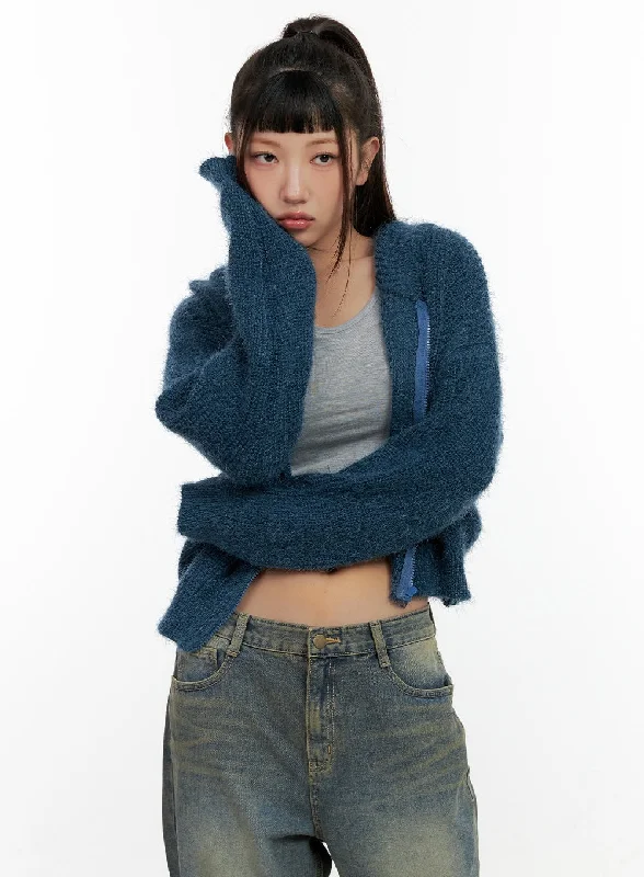 color block women cardigan with bold huesZip-up Knit Hooded Cardigan CN401