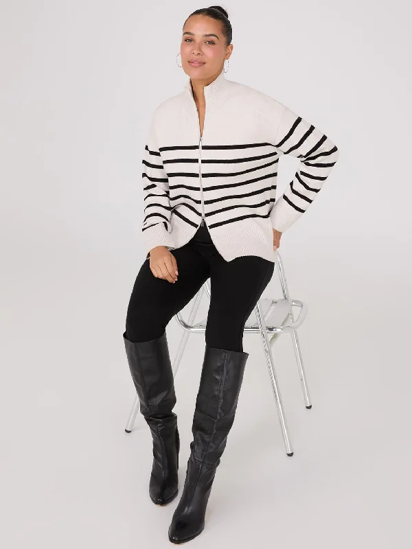 Sleeveless Women's Silk - Trimmed Sweaters for SummerStriped Zip-Front Sweater