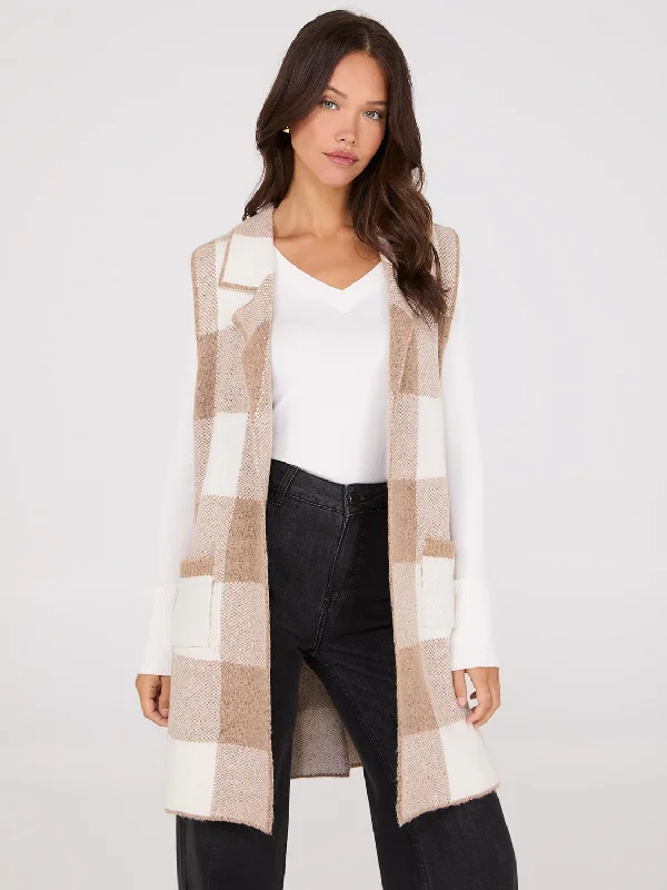 Bell - Sleeve Women's Mohair - Wool Blend SweatersSleeveless Plaid Collared Duster