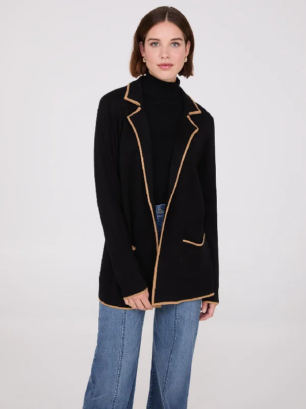 V - Neck Women's Ribbed Wool Sweaters for FallContrast Piping One-Button Jacket