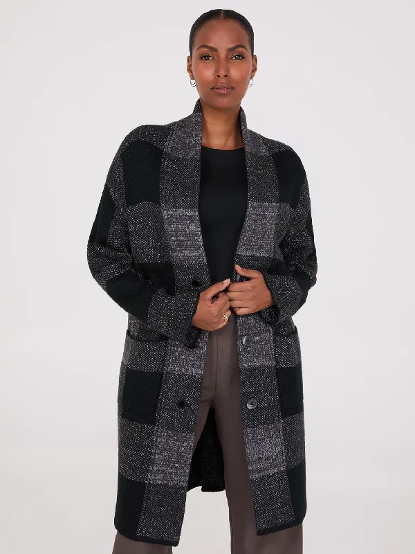 Plus Size Women's Oversized Chunky Knit Sweaters3-Button Plaid Coatigan