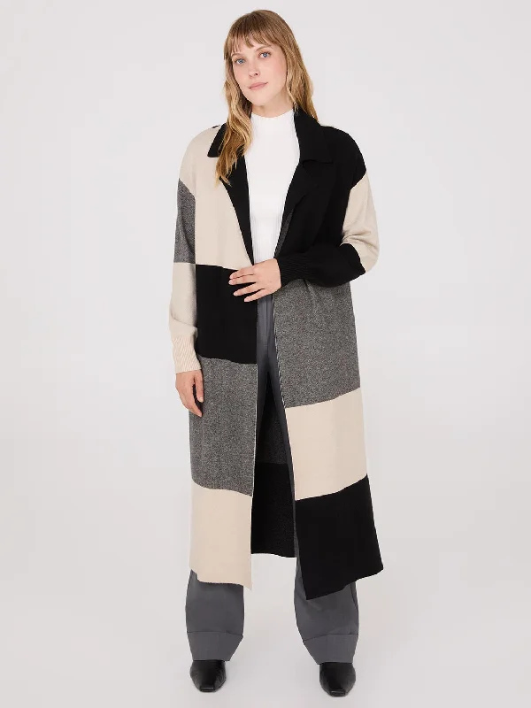 Split - Hem Women's Linen Blend Sweaters for SpringCollared Colour Block Long Duster Split - Hem Women's Linen Blend Sweaters for SpringCollared Colour Block Long Duster