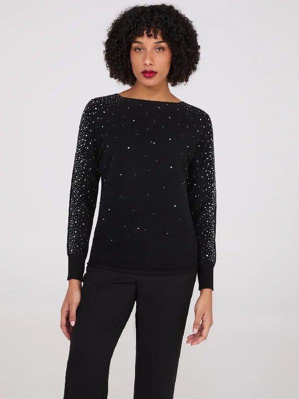 High - Low Hem Women's Cashmere - Blended SweatersBoat Neck Embellished Sweater