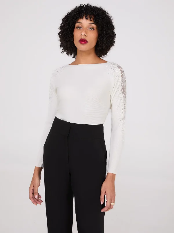 Plus Size Women's Sequined Sweaters for Special OccasionsBoat Neck Sweater With Embellished Sleeves Plus Size Women's Sequined Sweaters for Special OccasionsBoat Neck Sweater With Embellished Sleeves