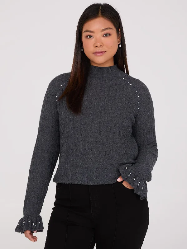 High - Low Hem Women's Cashmere - Blended SweatersMock Neck Sweater With Pearl Details High - Low Hem Women's Cashmere - Blended SweatersMock Neck Sweater With Pearl Details