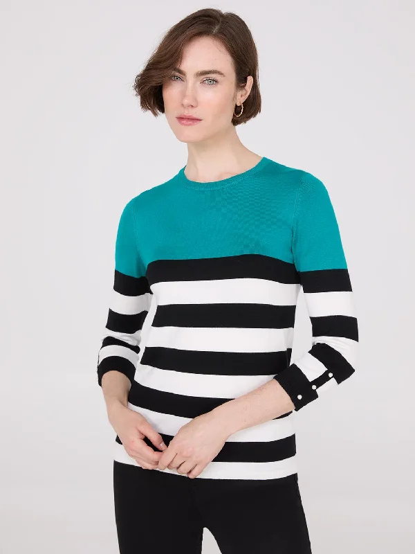 Plus Size Women's Belted Cable Knit SweatersStriped Round Neck Sweater With Button Details Plus Size Women's Belted Cable Knit SweatersStriped Round Neck Sweater With Button Details