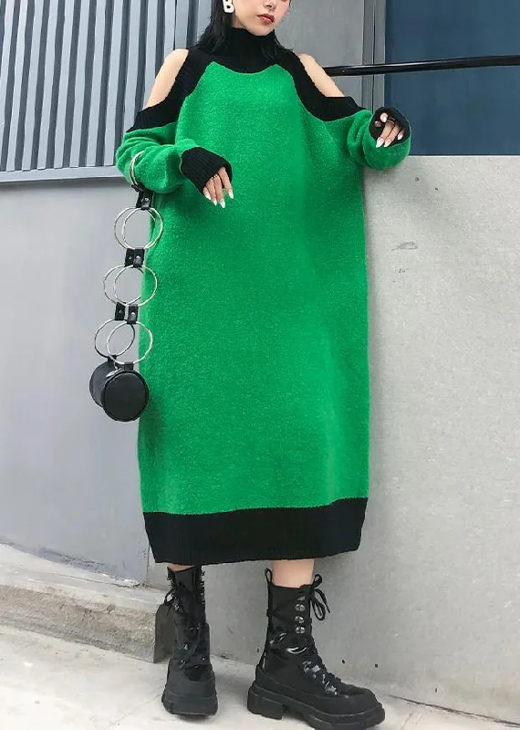 Aesthetic green Sweater Wardrobes DIY high neck Funny off the shoulder sweater dresses