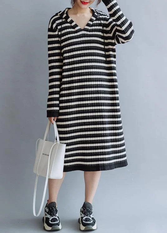 Beautiful black striped cotton quilting dresses hooded Kaftan fall Dress