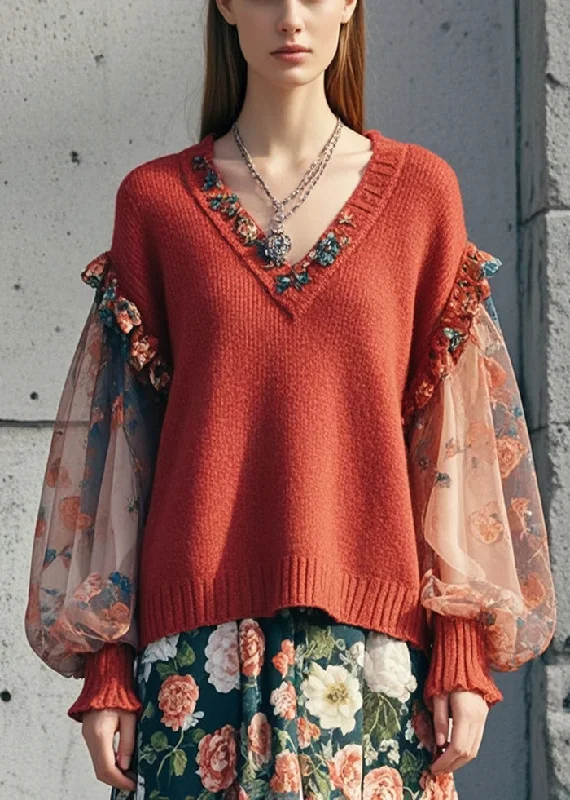 Bell - Sleeve Women's Mohair - Wool Blend SweatersBeautiful Dull Red Ruffled Patchwork Print Short Sweater Lantern Sleeve Bell - Sleeve Women's Mohair - Wool Blend SweatersBeautiful Dull Red Ruffled Patchwork Print Short Sweater Lantern Sleeve