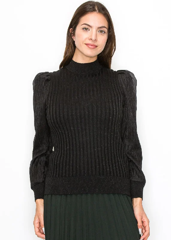 Wrap - Style Women's Lambswool Sweater Dresses in Elegant ShadesBlack Ribbed Sweater with Puff Sleeves Wrap - Style Women's Lambswool Sweater Dresses in Elegant ShadesBlack Ribbed Sweater with Puff Sleeves