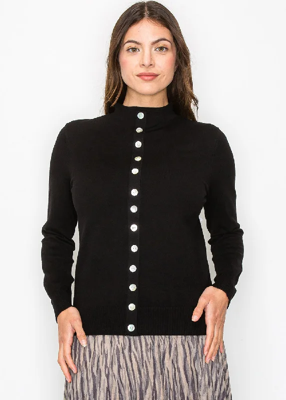 Plus Size Women's Open - Front Cardigan Style Sweater DressesBlack Sweater with Elegant Button Trim Plus Size Women's Open - Front Cardigan Style Sweater DressesBlack Sweater with Elegant Button Trim