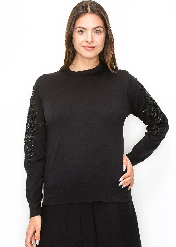 Plus Size Women's Tunic - Style Sweater Dresses with PocketsBlack Sweater with Embellished Sleeves Plus Size Women's Tunic - Style Sweater Dresses with PocketsBlack Sweater with Embellished Sleeves