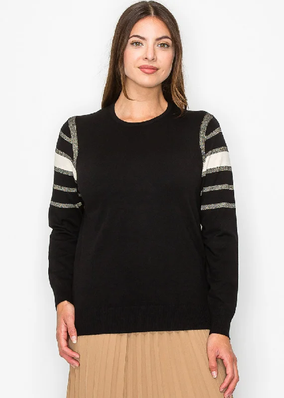 Belted Women's Cotton Blend Sweater Dresses for a Casual LookBlack Sweater with Metallic Stripe Accents Belted Women's Cotton Blend Sweater Dresses for a Casual LookBlack Sweater with Metallic Stripe Accents