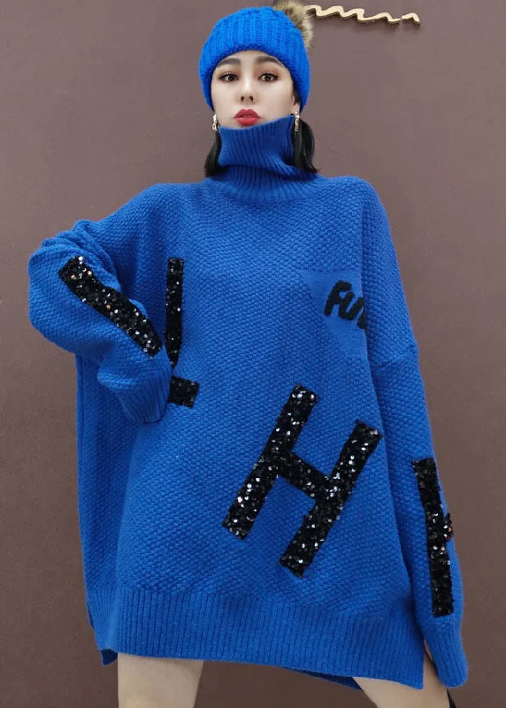 Plus Size Women's Asymmetric Hem Sweater Dresses in Modern DesignsBlue low high design Knitwear Dress Sequins Winter Plus Size Women's Asymmetric Hem Sweater Dresses in Modern DesignsBlue low high design Knitwear Dress Sequins Winter