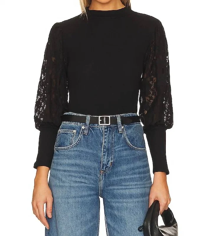 Plus Size Women's Turtleneck Sweater Dresses with Side SlitsBobi Mock Neck Top W/ Lace In Black Plus Size Women's Turtleneck Sweater Dresses with Side SlitsBobi Mock Neck Top W/ Lace In Black
