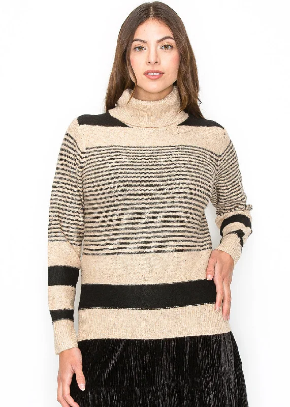 Knee - Length Women's Wool Blend Sweater Dresses in Neutral ColorsCamel and Black Striped Turtleneck Sweater Knee - Length Women's Wool Blend Sweater Dresses in Neutral ColorsCamel and Black Striped Turtleneck Sweater