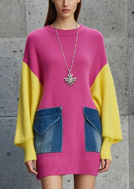 Women's Long Sleeve Turtleneck Cashmere SweatersCasual Rose Oversized Patchwork Denim Knit Sweater Fall Women's Long Sleeve Turtleneck Cashmere SweatersCasual Rose Oversized Patchwork Denim Knit Sweater Fall