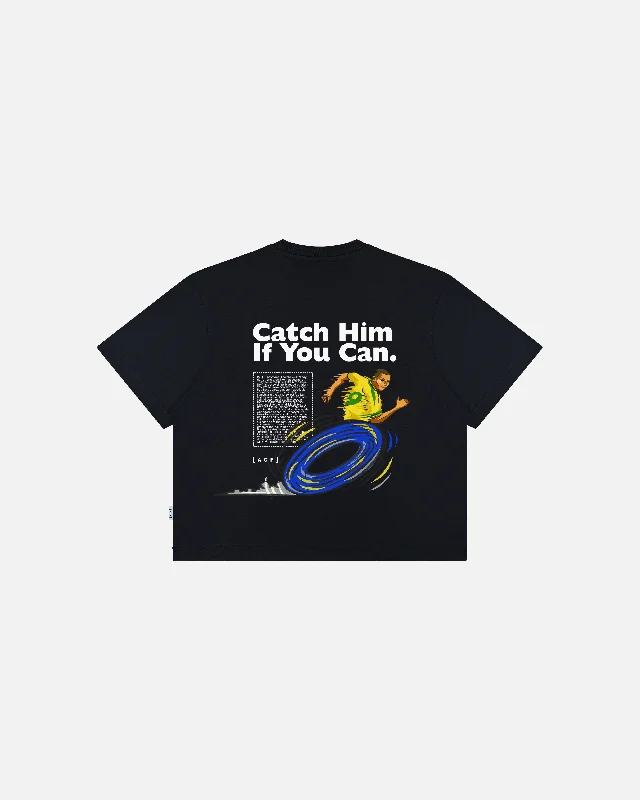 Embroidered Women T Shirt with Intricate DetailsCatch Him if you Can Crop Fit Tee