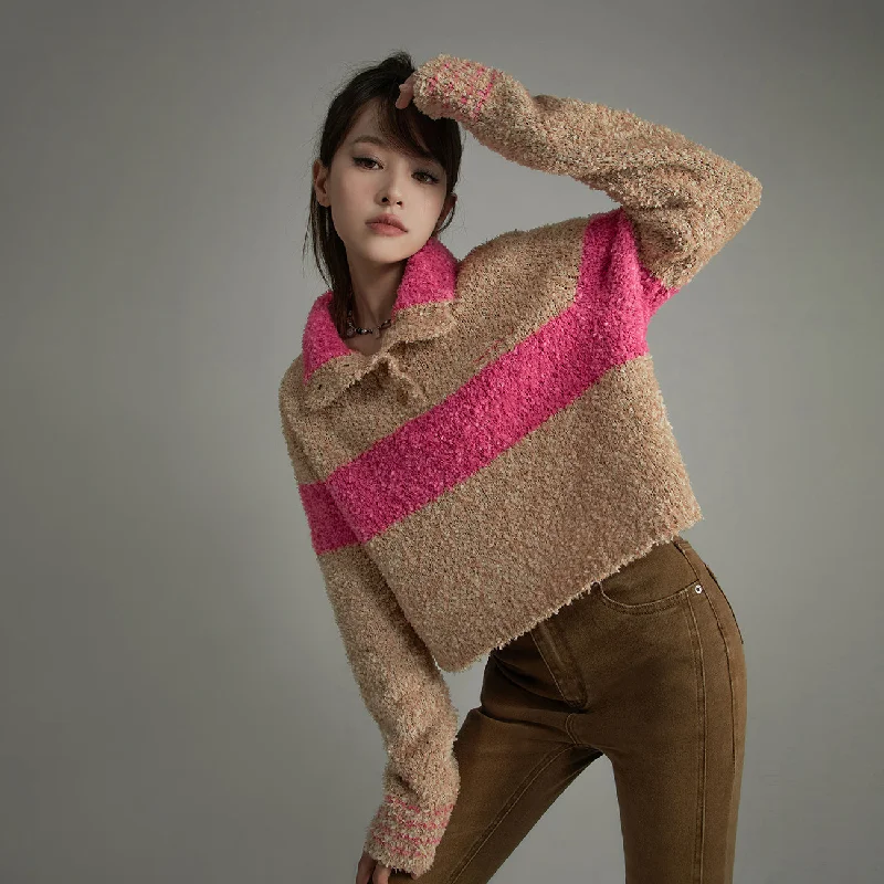 Open - Front Women's Cardigan - Style Mohair SweatersStriped Color Knit Sweater