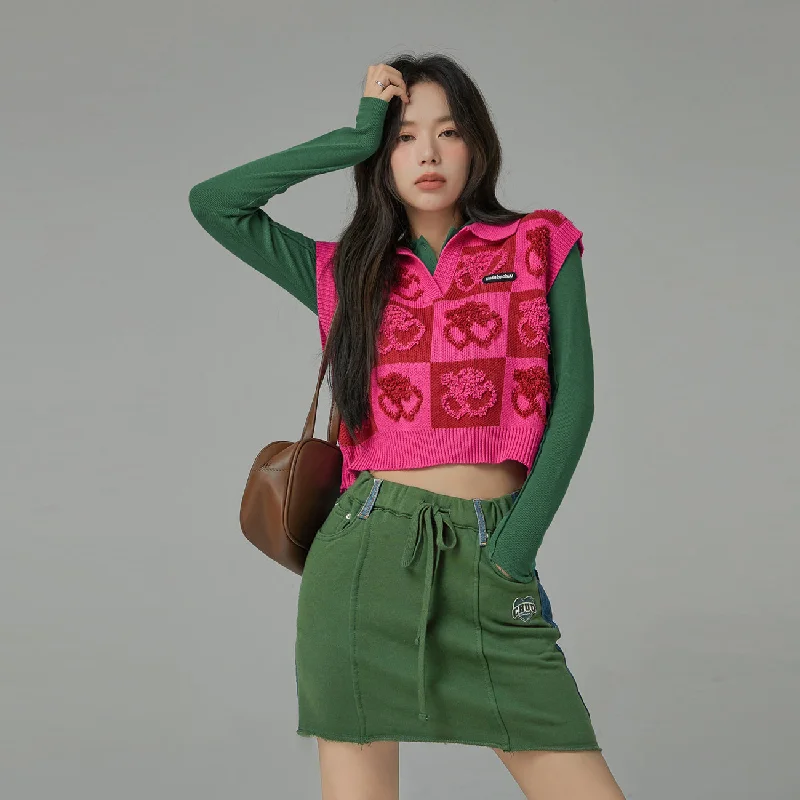 High - Low Hem Women's Cashmere - Blended SweatersCherry Color Block Polo Collar Knit Sweater High - Low Hem Women's Cashmere - Blended SweatersCherry Color Block Polo Collar Knit Sweater