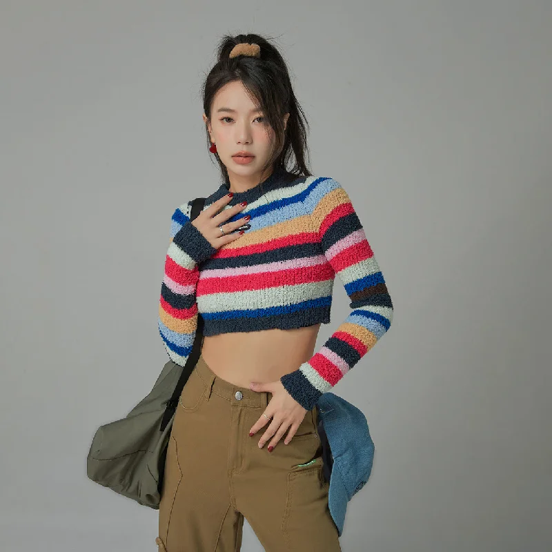 Cropped Women's Angora Blend Sweaters for a Trendy LookRainbow Stripe Cropped Knit Sweater Cropped Women's Angora Blend Sweaters for a Trendy LookRainbow Stripe Cropped Knit Sweater