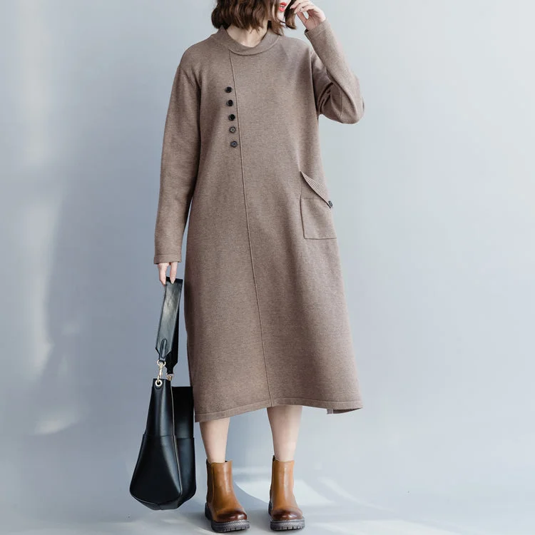 Chunky khaki Sweater Wardrobes Street Style Big O neck pockets knit dress