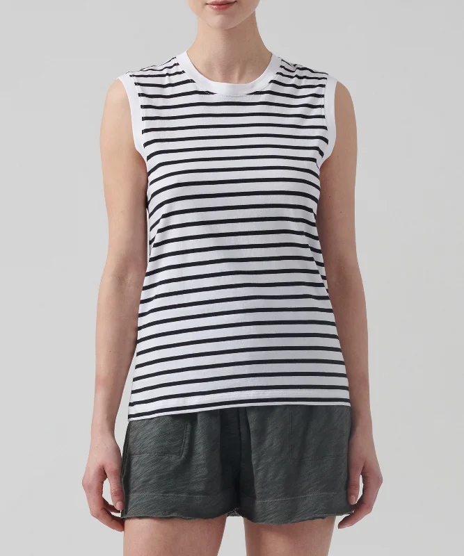 Crew Neck Women T Shirt with a Timeless DesignClassic Jersey Sleeveless Boy Tee - Black/ White Stripe Crew Neck Women T Shirt with a Timeless DesignClassic Jersey Sleeveless Boy Tee - Black/ White Stripe