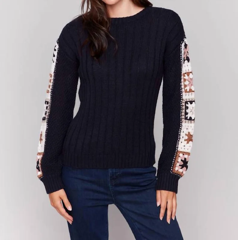 Crochet Sleeve Sweater In Navy