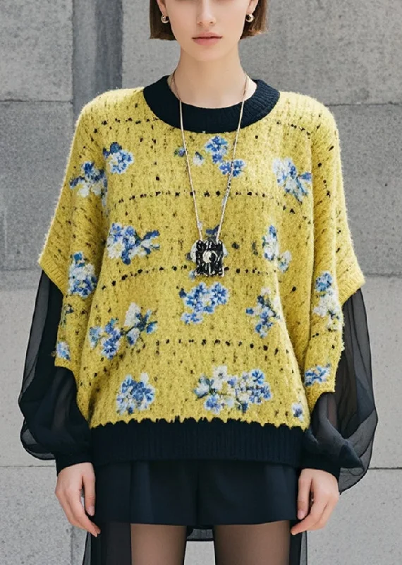 Boat Neck Women's Merino Wool Sweaters in Neutral ShadesDIY Yellow Print Patchwork Knit Loose Sweaters Fall Boat Neck Women's Merino Wool Sweaters in Neutral ShadesDIY Yellow Print Patchwork Knit Loose Sweaters Fall