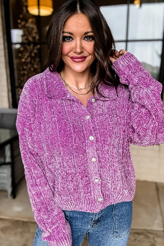 Dreams And Aspirations Plum Chenille Button Up Sweater