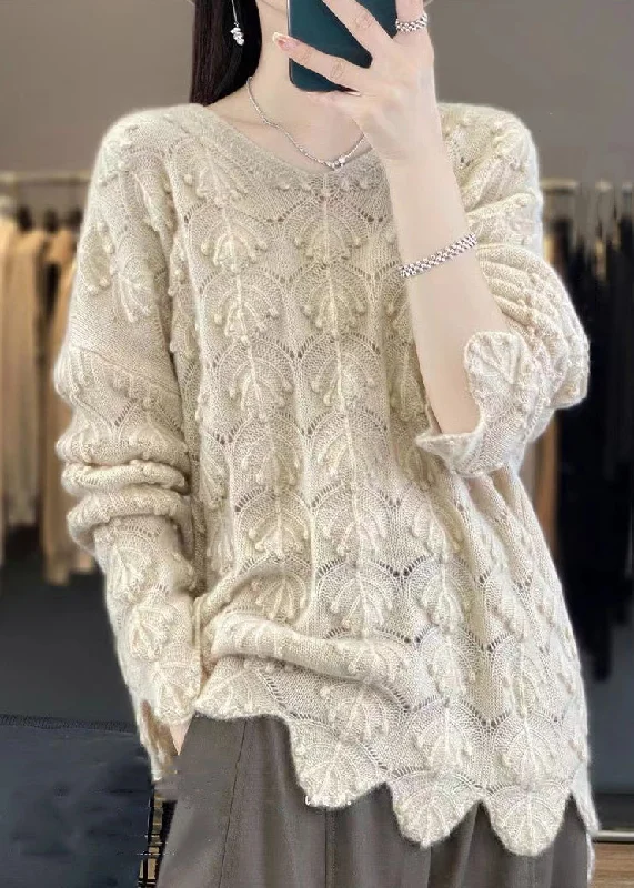 Plus Size Women's Sequined Sweaters for Special OccasionsElegant Light Camel V Neck Hollow Out Woolen Knit Sweaters Fall Plus Size Women's Sequined Sweaters for Special OccasionsElegant Light Camel V Neck Hollow Out Woolen Knit Sweaters Fall