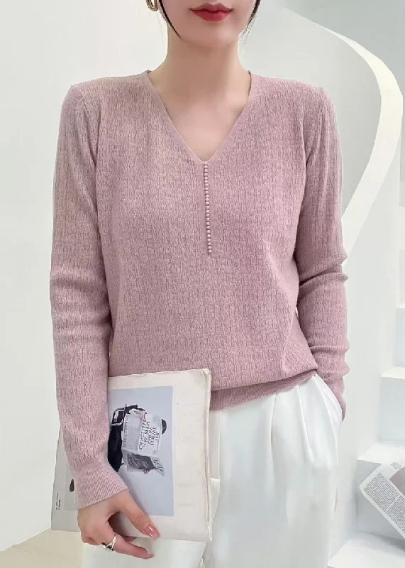 Plus Size Women's Embroidered Sweaters in Ethnic StylesElegant Pink V Neck Nail Bead Solid Knit Sweater Fall Plus Size Women's Embroidered Sweaters in Ethnic StylesElegant Pink V Neck Nail Bead Solid Knit Sweater Fall