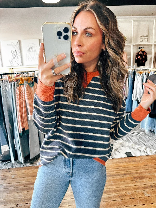 Boat Neck Women's Merino Wool Sweaters in Neutral ShadesEryn Blue/Orange Stripe Sweater Boat Neck Women's Merino Wool Sweaters in Neutral ShadesEryn Blue/Orange Stripe Sweater