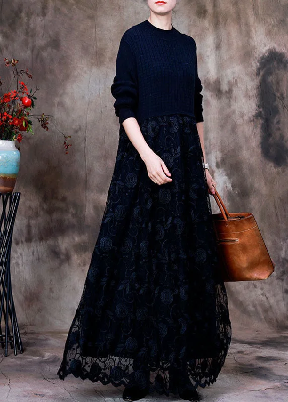 Sleeveless Women's Silk Blend Sweater Dresses for a Sophisticated LookFashion Black Lace Patchwork Knit Knitted Dress Winter Sleeveless Women's Silk Blend Sweater Dresses for a Sophisticated LookFashion Black Lace Patchwork Knit Knitted Dress Winter
