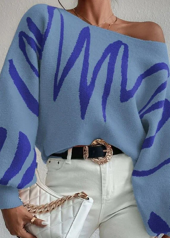 Plus Size Women's Oversized Chunky Knit SweatersFashion Blue Slash Neck Knit Sweaters Lantern Sleeve Plus Size Women's Oversized Chunky Knit SweatersFashion Blue Slash Neck Knit Sweaters Lantern Sleeve