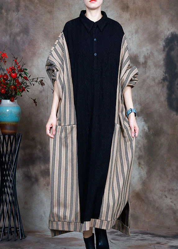 Plus Size Women's Asymmetric Hem Sweater Dresses in Modern DesignsFrench Black Patchwork Striped Button Fall Sweater Dress Plus Size Women's Asymmetric Hem Sweater Dresses in Modern DesignsFrench Black Patchwork Striped Button Fall Sweater Dress