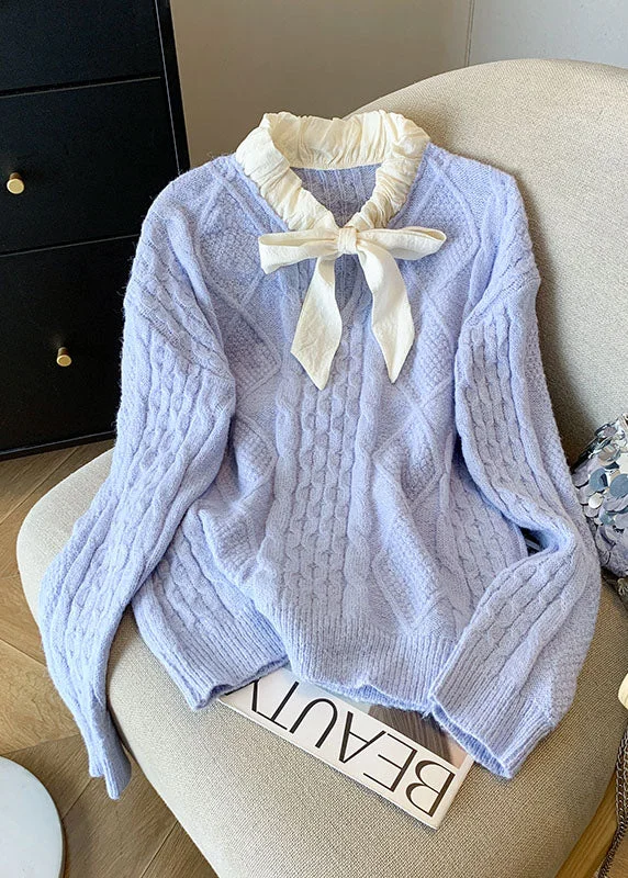 Plus Size Women's Belted Cable Knit SweatersFrench Blue Bow Patchwork Knit Sweaters Tops Fall
