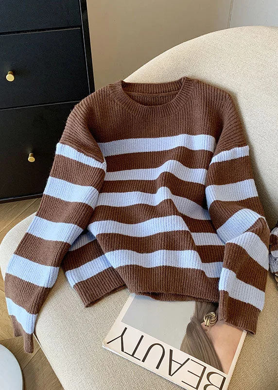 Open - Front Women's Cardigan - Style Mohair SweatersFrench Coffee O Neck Striped Knit Short Sweater Fall Open - Front Women's Cardigan - Style Mohair SweatersFrench Coffee O Neck Striped Knit Short Sweater Fall