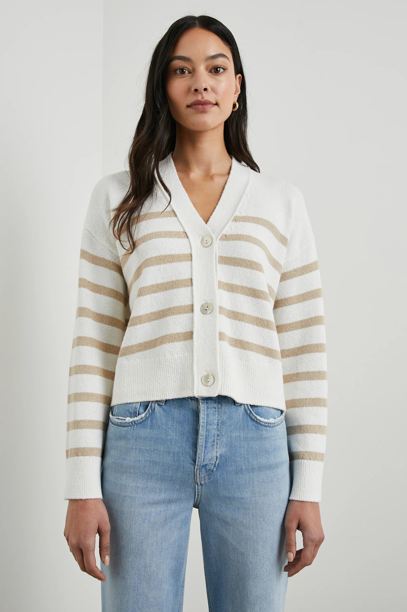 V - Neck Women's Ribbed Wool Sweaters for FallGeneva Sand Stripe