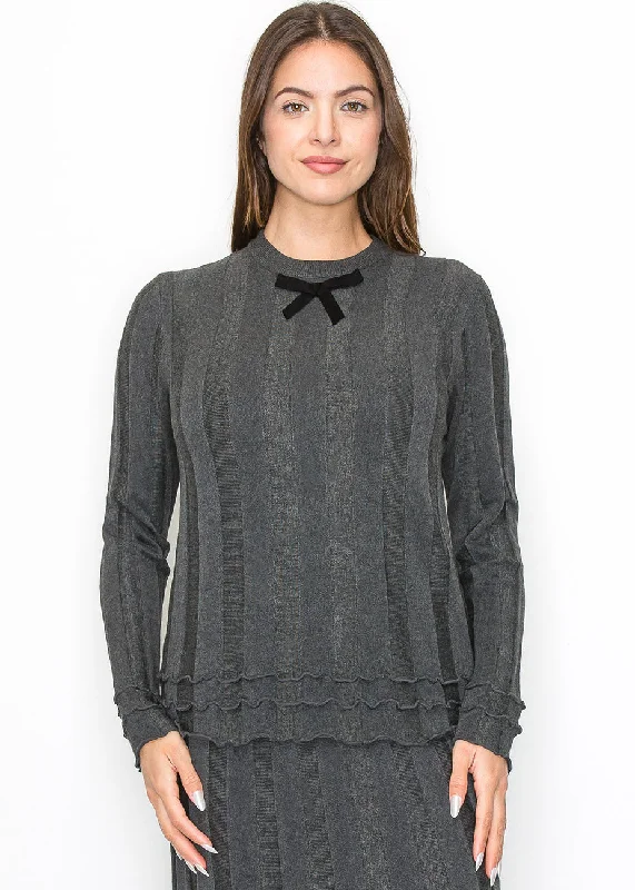 Mock Neck Women's Angora Blend Sweater Dresses in Solid ColorsGrey Ribbed Knit Top with Bow Detail Mock Neck Women's Angora Blend Sweater Dresses in Solid ColorsGrey Ribbed Knit Top with Bow Detail