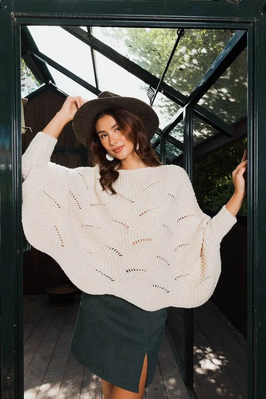 Bell - Sleeve Women's Mohair - Wool Blend SweatersHelene Textured Scallop Edge Knitted Poncho Bell - Sleeve Women's Mohair - Wool Blend SweatersHelene Textured Scallop Edge Knitted Poncho