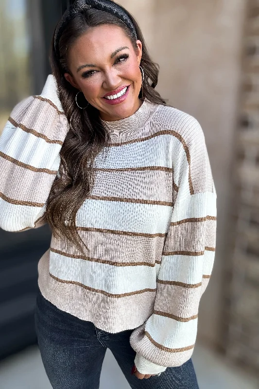 Split - Hem Women's Linen Blend Sweaters for SpringI Always Believe Cream and Tan Textured Stripe Sweater Split - Hem Women's Linen Blend Sweaters for SpringI Always Believe Cream and Tan Textured Stripe Sweater