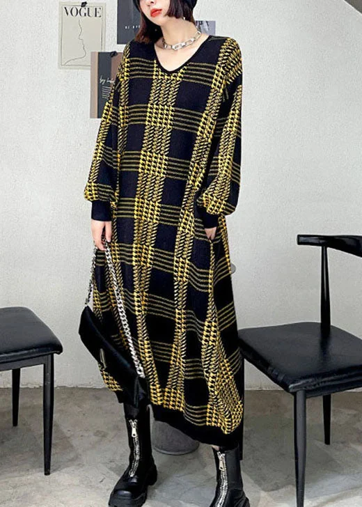 Plus Size Women's Open - Front Cardigan Style Sweater DressesItalian Yellow Plaid V Neck Fall Knit Dress Plus Size Women's Open - Front Cardigan Style Sweater DressesItalian Yellow Plaid V Neck Fall Knit Dress