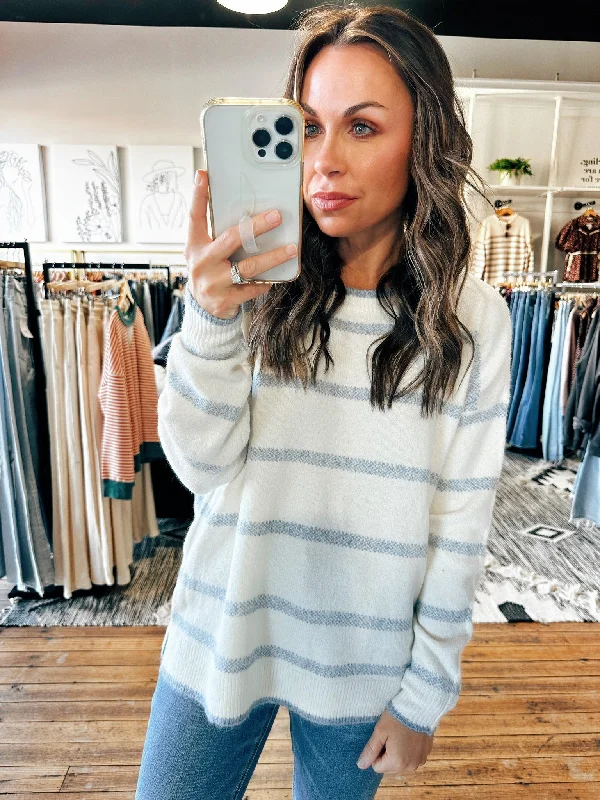Cropped Women's Angora Blend Sweaters for a Trendy LookIvory/Denim Stripe Sweater