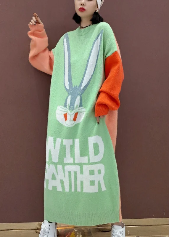 Mini - Length Women's Chunky Knit Sweater Dresses in Bold HuesLoose Green Animal Patchwork Knit Sweater Dress Spring Mini - Length Women's Chunky Knit Sweater Dresses in Bold HuesLoose Green Animal Patchwork Knit Sweater Dress Spring