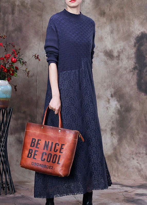 A - Line Women's Merino Wool Sweater Dresses in Classic StylesModern Blue Knit Patchwork Lace Vacation Dresses Spring A - Line Women's Merino Wool Sweater Dresses in Classic StylesModern Blue Knit Patchwork Lace Vacation Dresses Spring