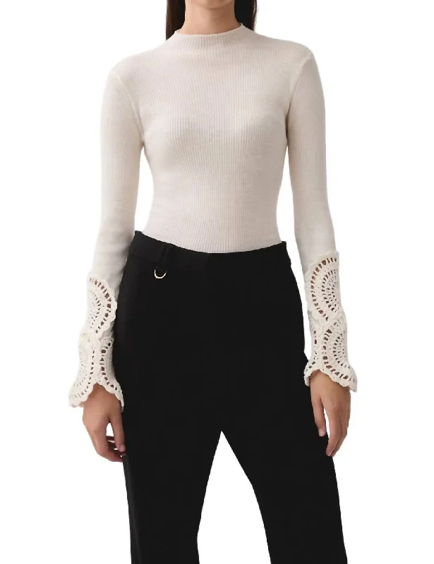 Mosaic Crochet Detail Knit Top In Ivory