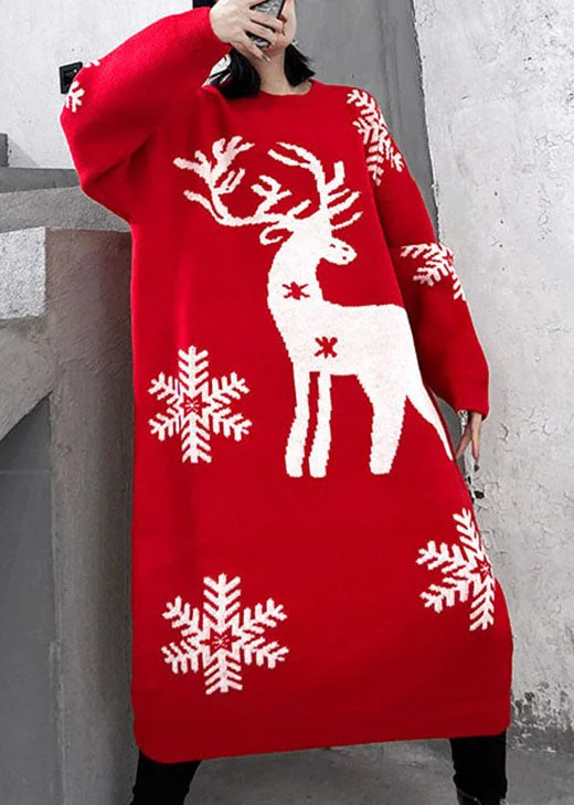 Knee - Length Women's Wool Blend Sweater Dresses in Neutral ColorsNatural Red Print Thick Loose Winter Knit Sweater Dress